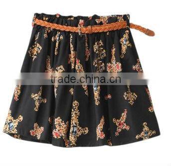 2015 cheap weave chiffon Girl leisure braid PU Belt floral Short dress