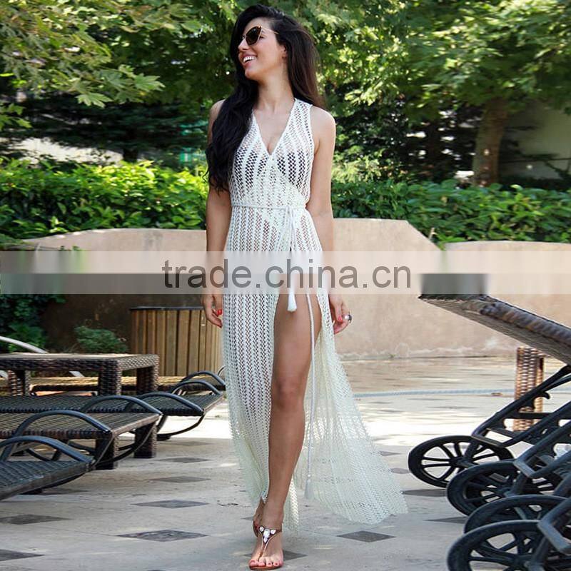 2016 Hot Slae Lace Dress Sexy Summer Beach Cover Up White Sleeveless Hollow Out Long Beach Dresses MX-AU102