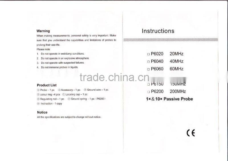 oscilloscope probe,P6020 probe,P6040 probe,P6060 probe,P6100 probe,20MHz probe,60MHz probe,80MHz probe,100MHz probe