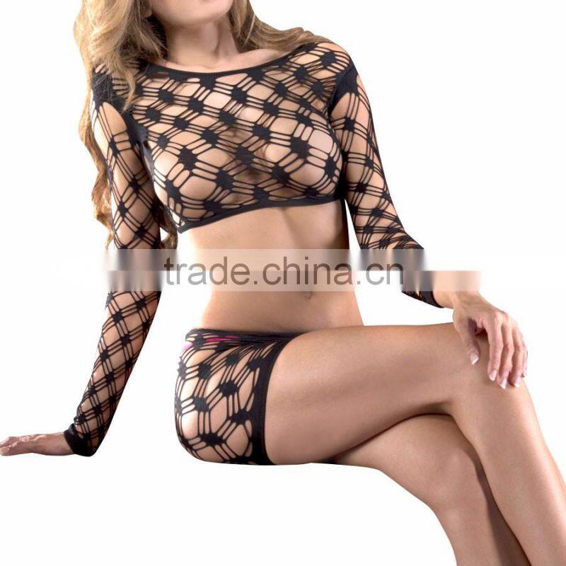Ladies hardcore net long sleeve sexy black mini dress