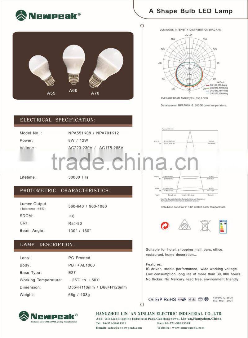 CE, EMC, ERP Proved 5W/7W/9W/11W, USD 1-1.8/Pcs Al. + plastic, A60 E27 Ra80, 810lm led bulbs