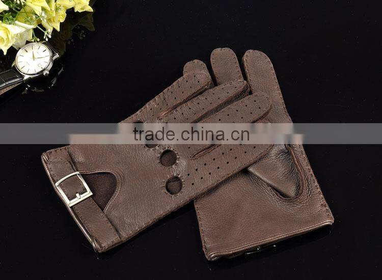 Top luxury buckle hand sewing breathable driving gloves dark brown deerskin leather gloves for men