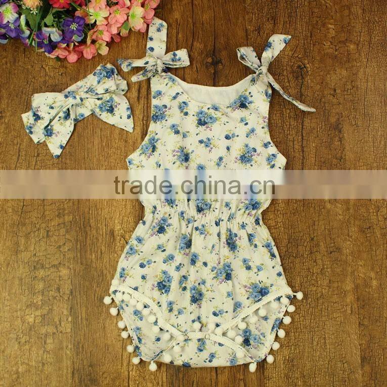 Wholesale baby clothes cheap girl floral knit cotton romper with pom pom cotton baby clothing floral vintage girls bodysuits