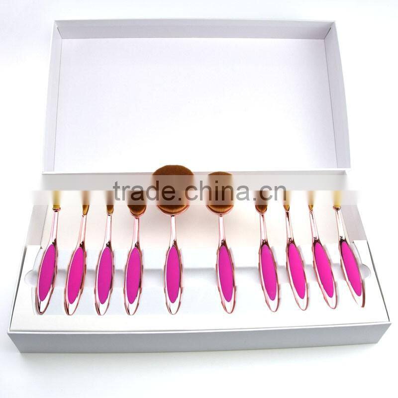 Synthetic hair pink hot selling oval makeup brush set 10pcs manufacturer
