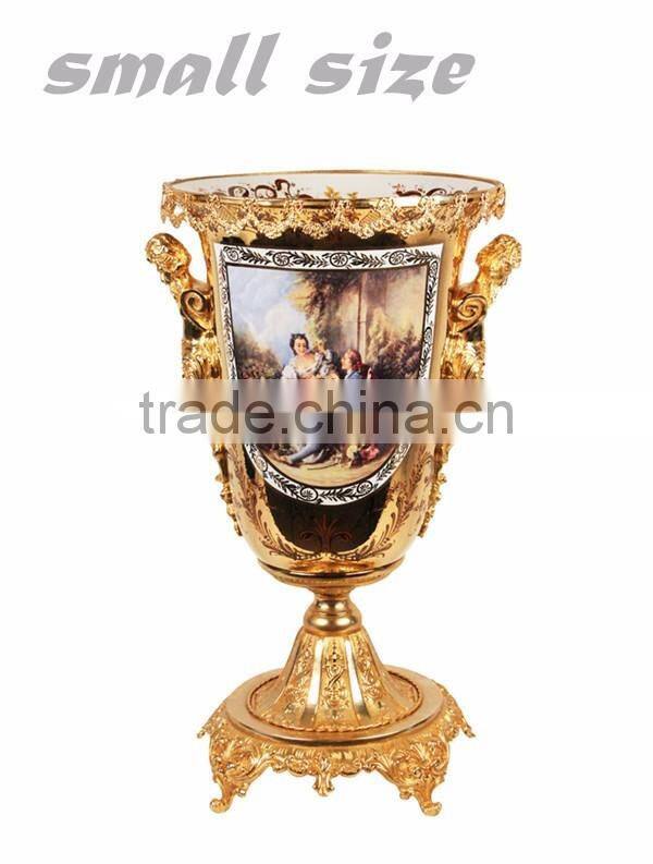 European Character Design Decorative Porcelain Flower Vase With Bronze Side Handles, Enamel Ceramic and Brass Golden Vase