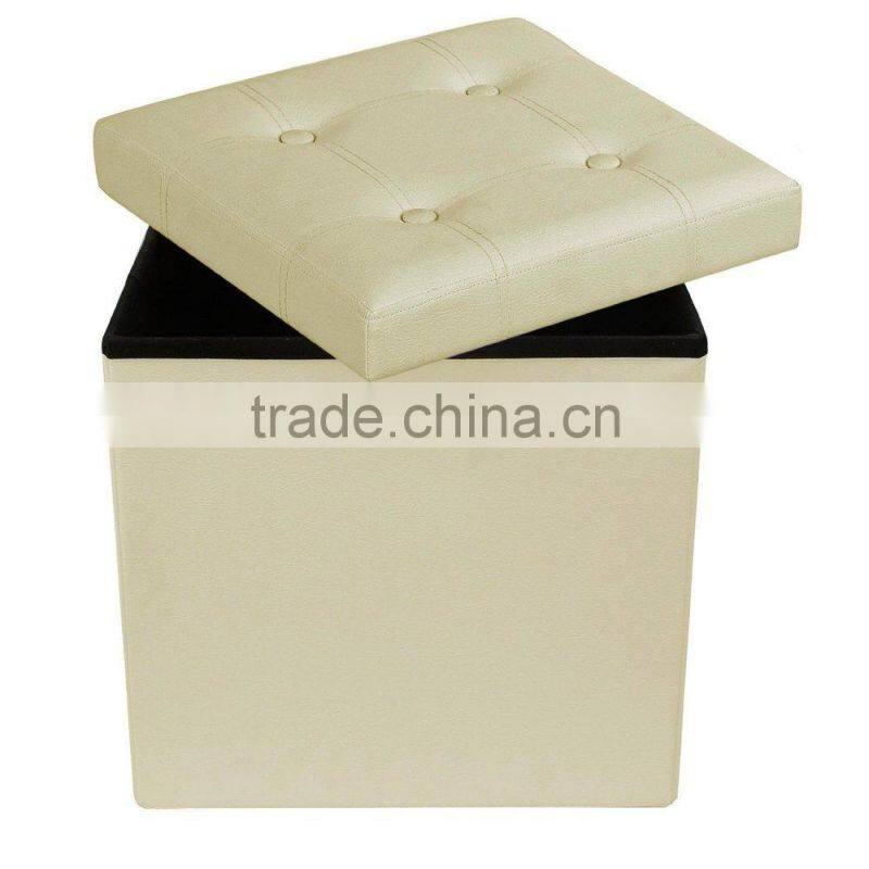 Cube Storage Ottoman Foldable Collapsible Faux Leather Footrest Stool Seat Coffee Table Beige