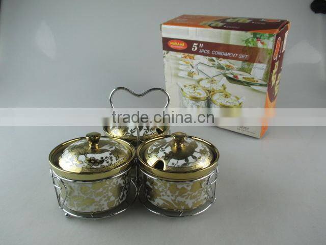 Ceramic gold decal ceramic condiment set with iron stand