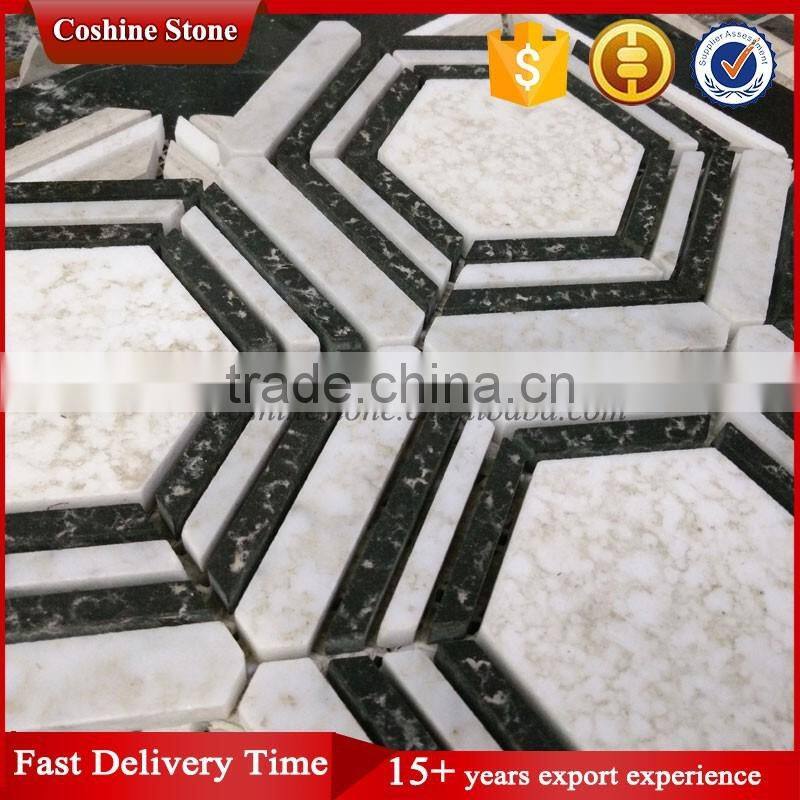 Five layers surround white black hexagon marble stome mosaic with more veins