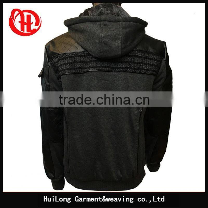 High quality Winter thick fur lining fleece hoodymen pu leahter jacket
