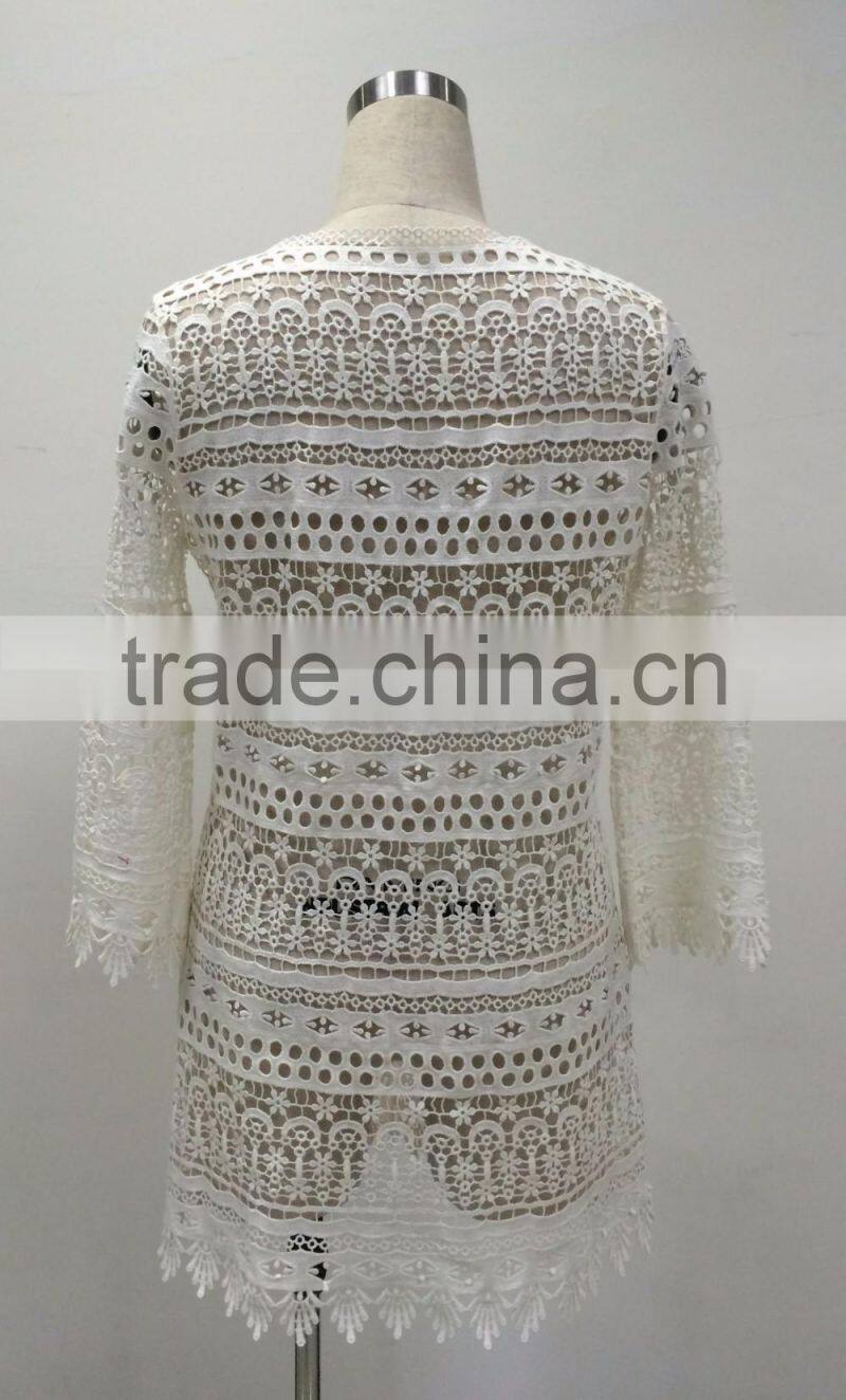 wholesale lady's fashion crochet cotton long sleeve summer beach kaftan top casual style