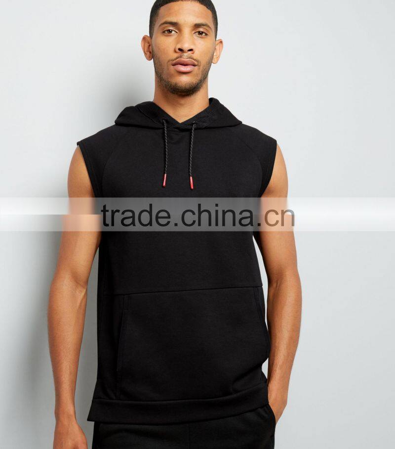 Black Sleeveless Running Hoodie Single Pocket Front Soft Jersey Fabric Fashion Men Tops Custom Made