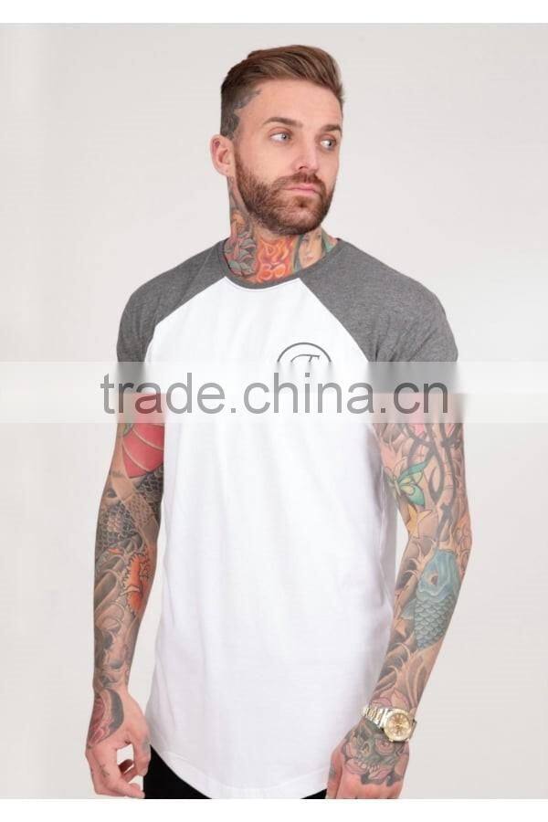 Short Sleeve Raglan Baseball T Shirt for Men Longline Curved Hem Baseball Tee White/Heather Grey Contrast T Shirt