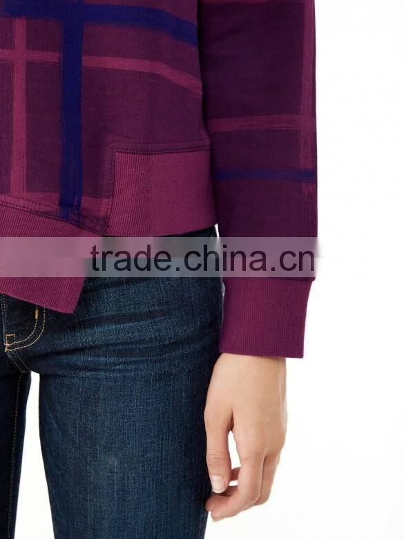 Newly Designed Purple Plead Eco-Micro Fleece Crew Sweatshirt with Irregular Hem for Women
