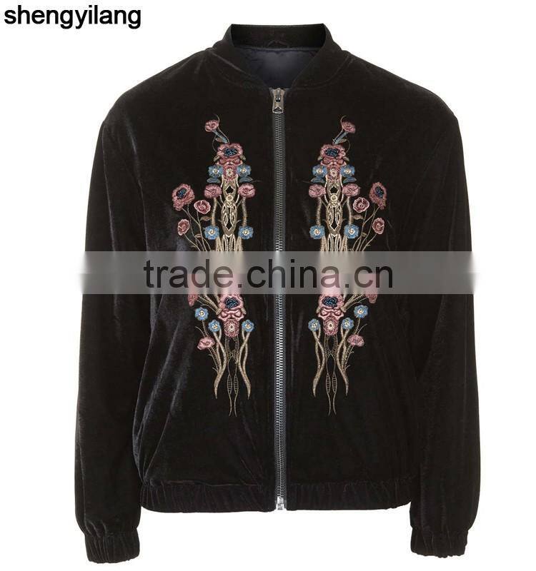 Wholesale custom women jacket, high quality Velvet Embroidered Bomber Jacket in guangzhou