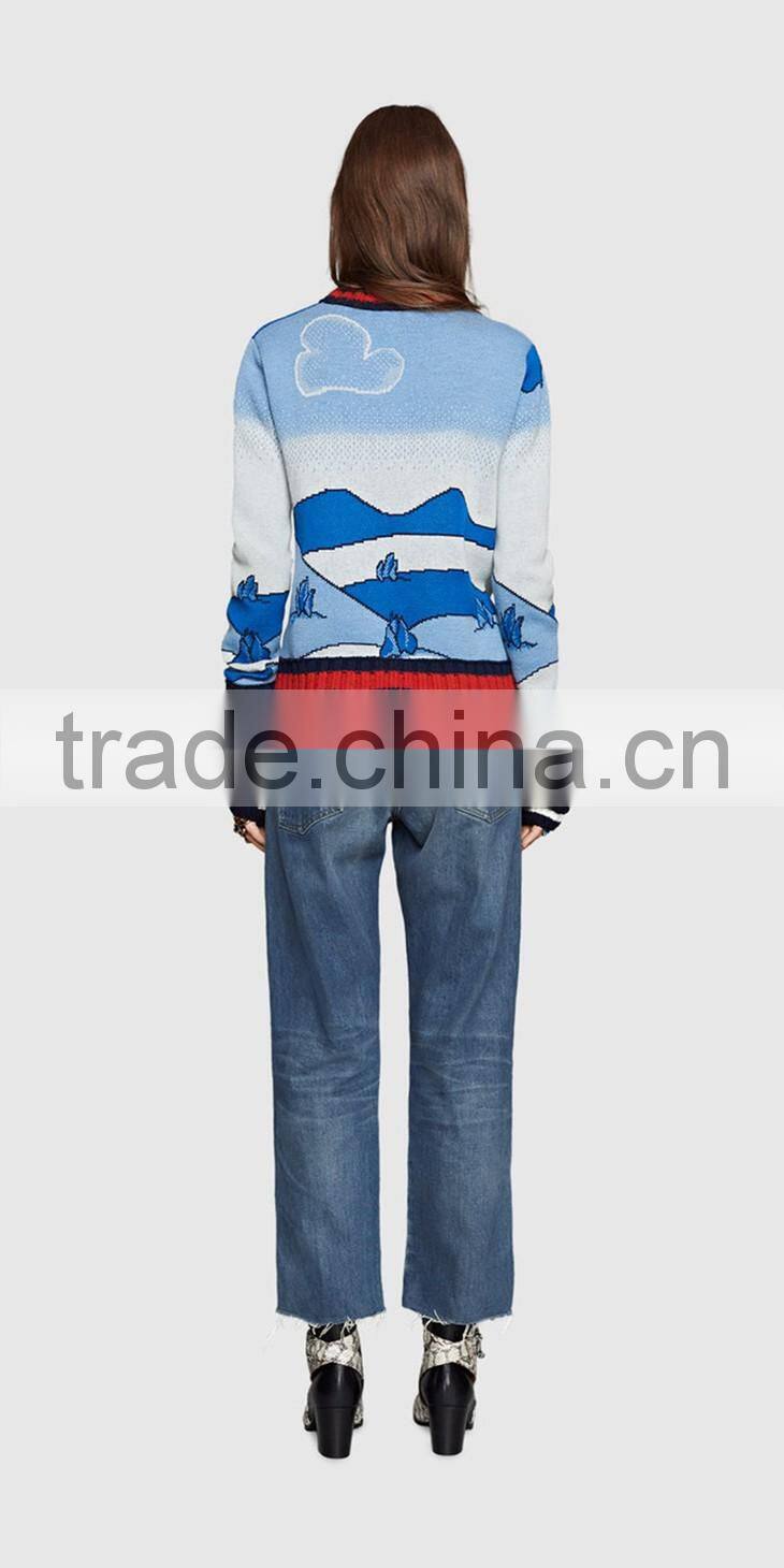 high quality custom Spring new three-dimensional castle pattern round neck collar sweater