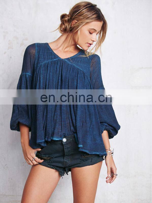 High quality 3/4 sleeve cotton yarn babydoll shirt , ladies gauze shirt