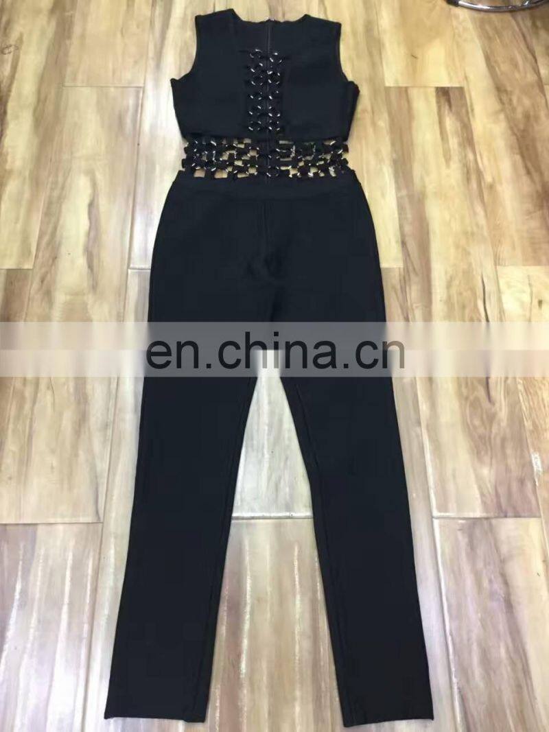 2017 new year Black sleeveless Metal buckle Low-cut Midriff Bandage Jumpsuit sexy tights long pants for women