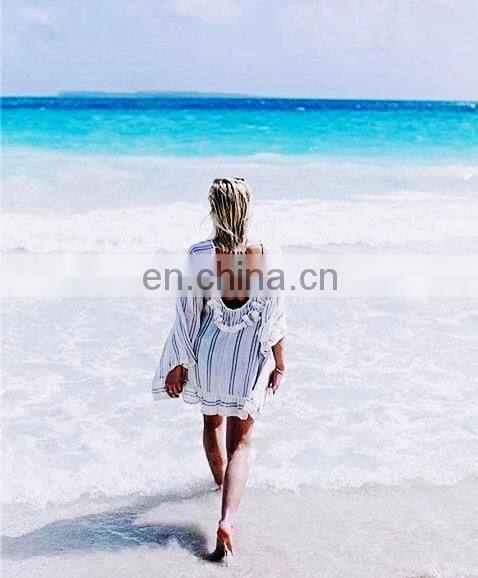 New Cotton Tassel Beach Cover up Tunics for Beach 2019 Women Swimsuit Cover up Swimwear Striped Pareo Beach Dress Beachwear