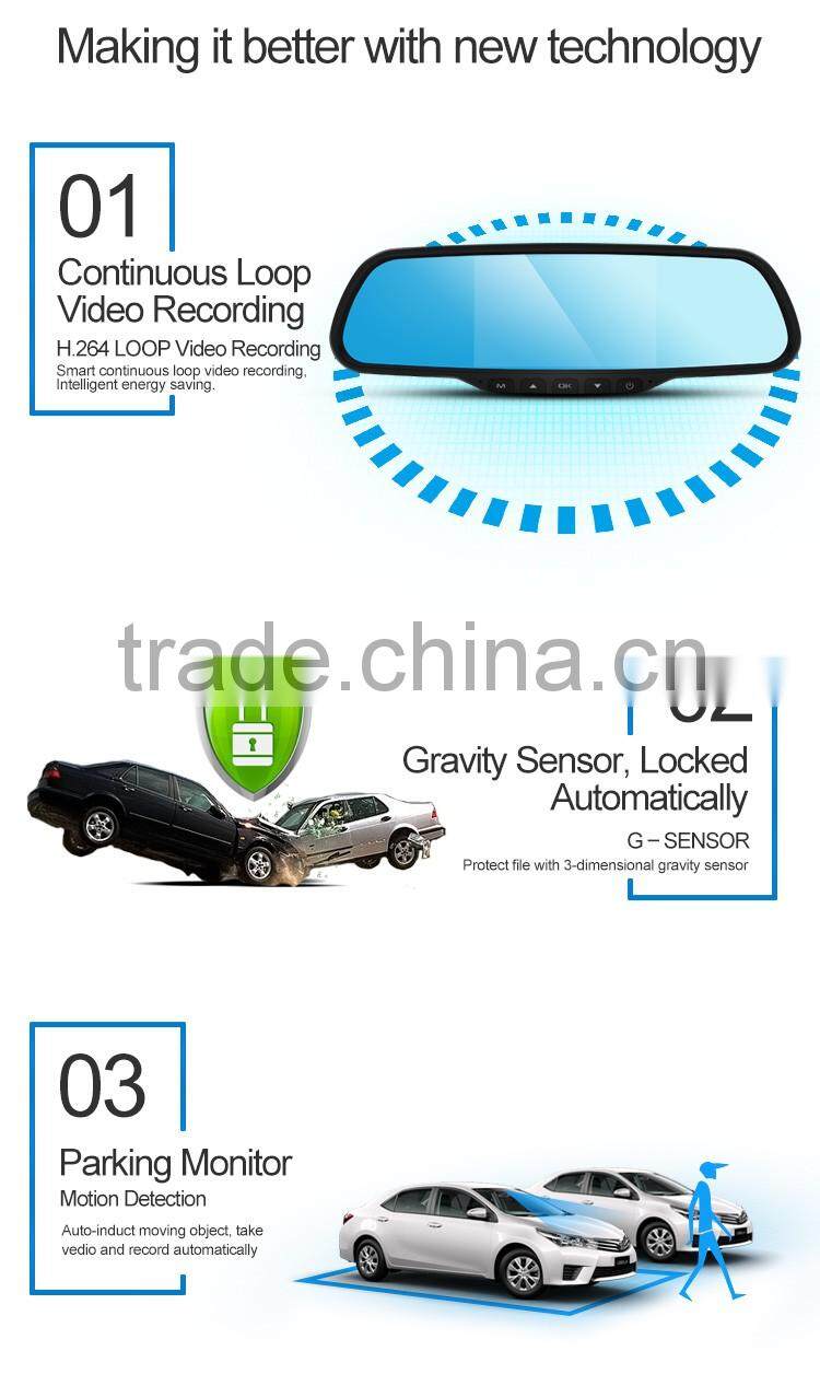 Dual lens car dvr full hd 1080P car camera with 5 INCH rearview mirror