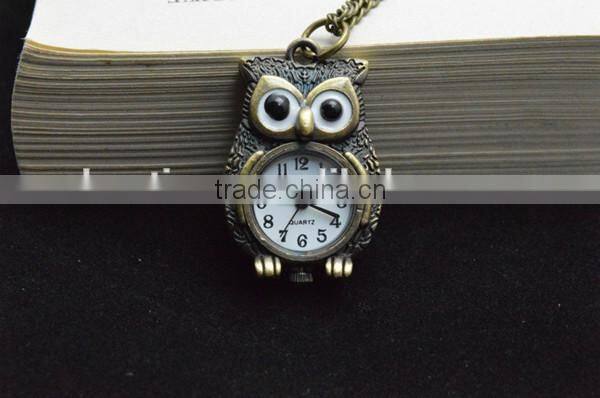 Fashion long chain necklace night owl pocket watch quarts watch for men women