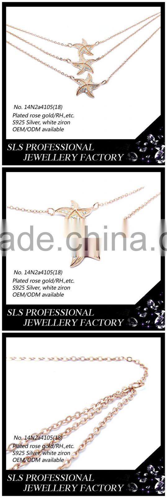 2015 Generous and high fashion 925 silver sister rose gold latest model starfish cubic zircon necklace set for ladies