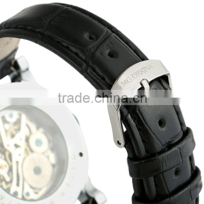 ESS Unisex Skeleton Dial Dark Blue Leather Strap Mechanical Luminous Watch WM341