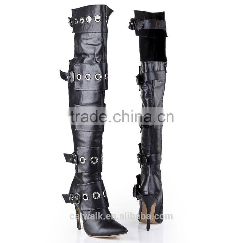 Over the knee lace up boots front round metal embelished thigh high boots cut out knee high gladiator boots