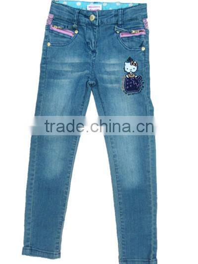wholesale price girls jeans with Kitty child washing blue jeans clothing