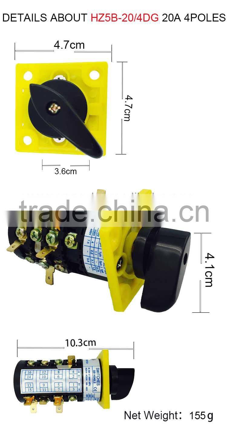 HZ5B-20/4DG for distribution box electrical high voltage changeover rotary cam switch four poles 20A sliver point contacts CE