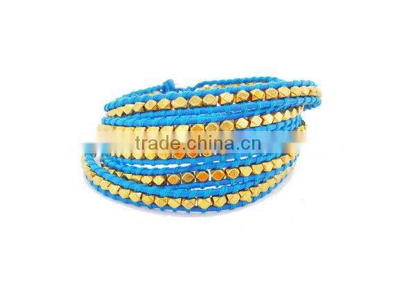 Blue Lapis Wrap Bracelet on Natural brown Leather with Silver tone nugget beads