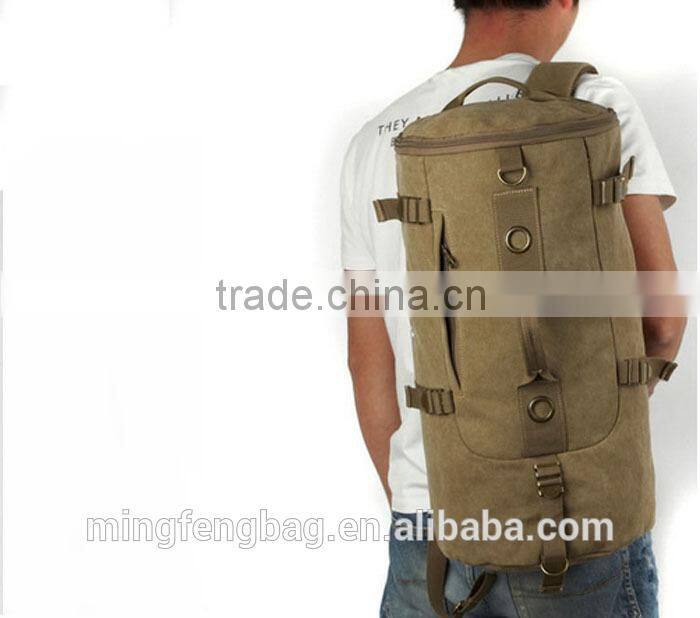 Men Vintage Canvas Leather Hiking Travel Cylinder Messenger Tote Bag Backpack