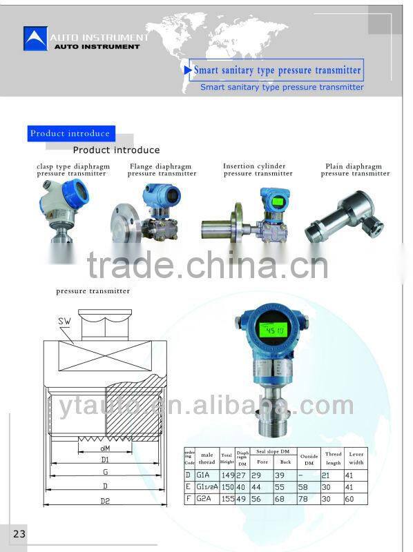 smart AT3051 sanitary type pressure transmitter with high precision with ISO9001:2000