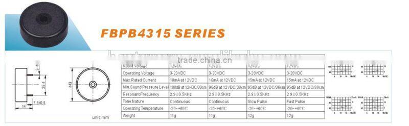 hot sell 1.5v 80DB 43mm drive buzzer FBPB4315A
