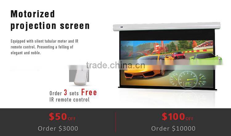 Projection screen roll up tab tensioned electric motorised projector screen