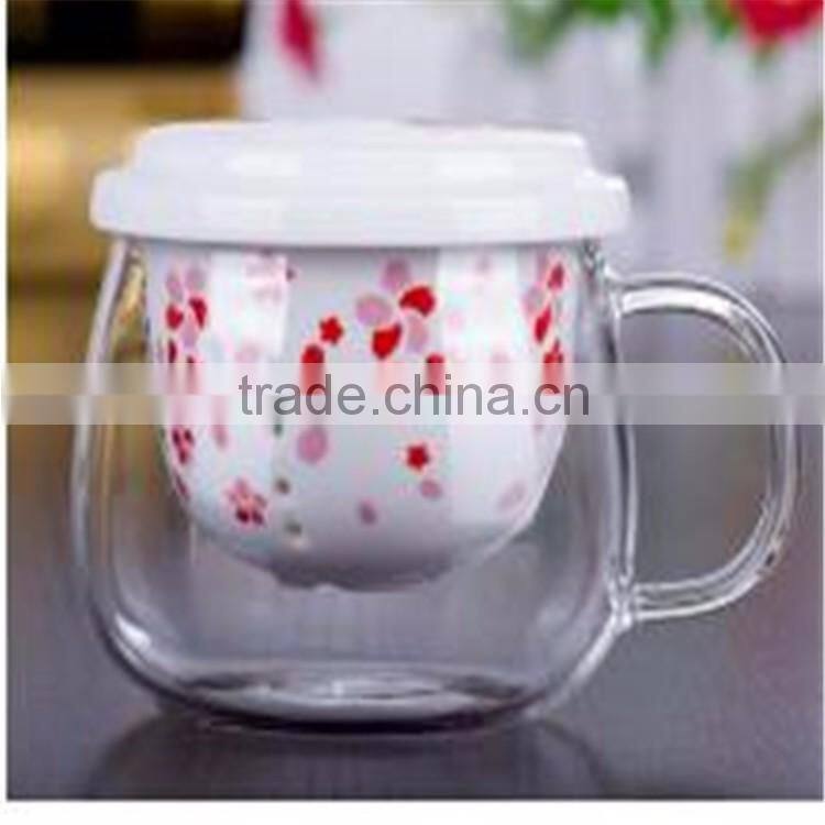 Creative product heat resistant borosilicate glass tea cup with ceramic filters and lid for promotion