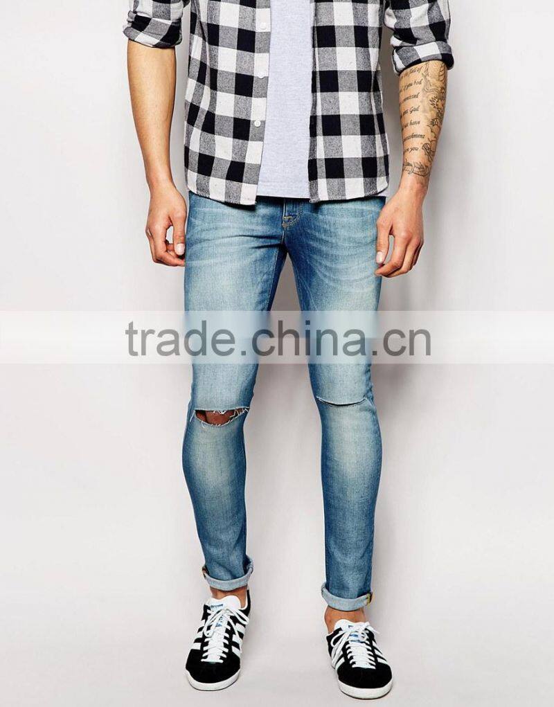 men brand jeans Super Skinny Fit Distressed denim man jeans pant with Rip Knee blue country jeans price for jeans(LOTA047)