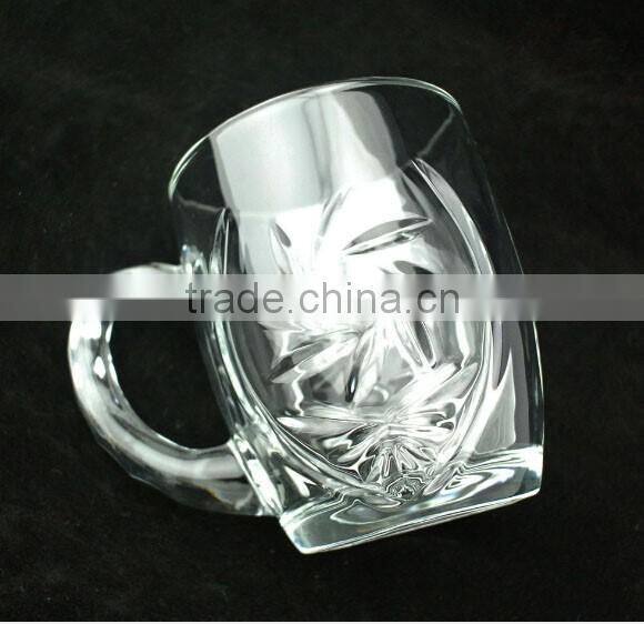 Embossed flower logo glass mug transparent glass mug cheap glass mug