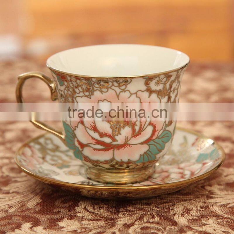 Hot sell electric golden porcelain tea Set teapot sugar bowl creamer cups and saucers Metal holder 15 Pcs 17pcs tea set
