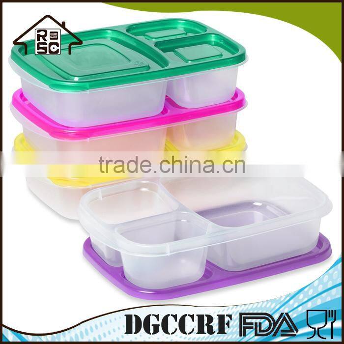 3 Compartment plastic lunch box with lid reusable