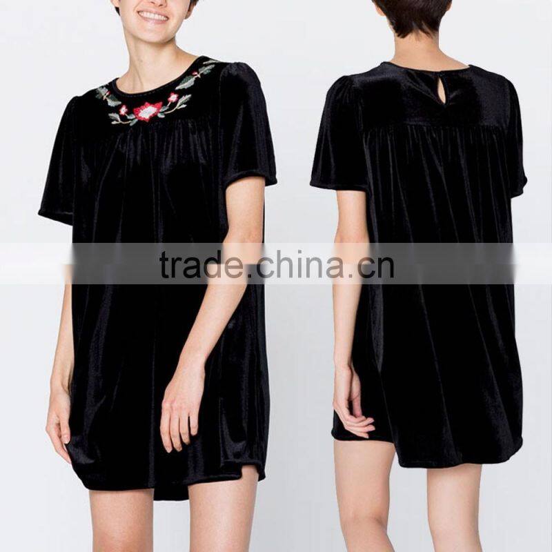 New Short Sleeve Floral Velvet Mini Dress Frock Design With Hand Embroidery Designs For Dress 2016 HSD5828