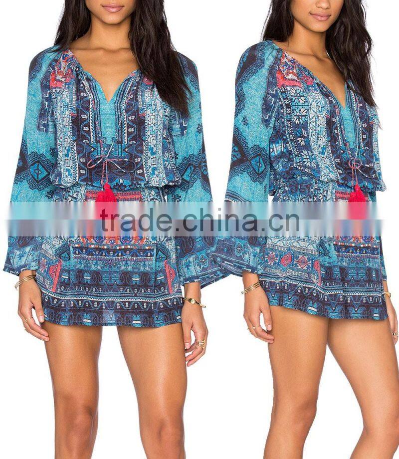 Boho Bohemian Clothing Silk Printing Mini Dress With Fringe Names Of Girls Dresses 2016 HSD5812