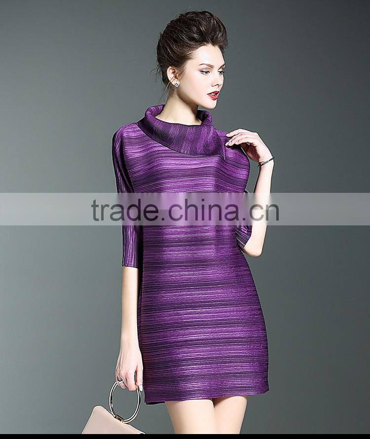Women striated Polo neck casual pleated dresses