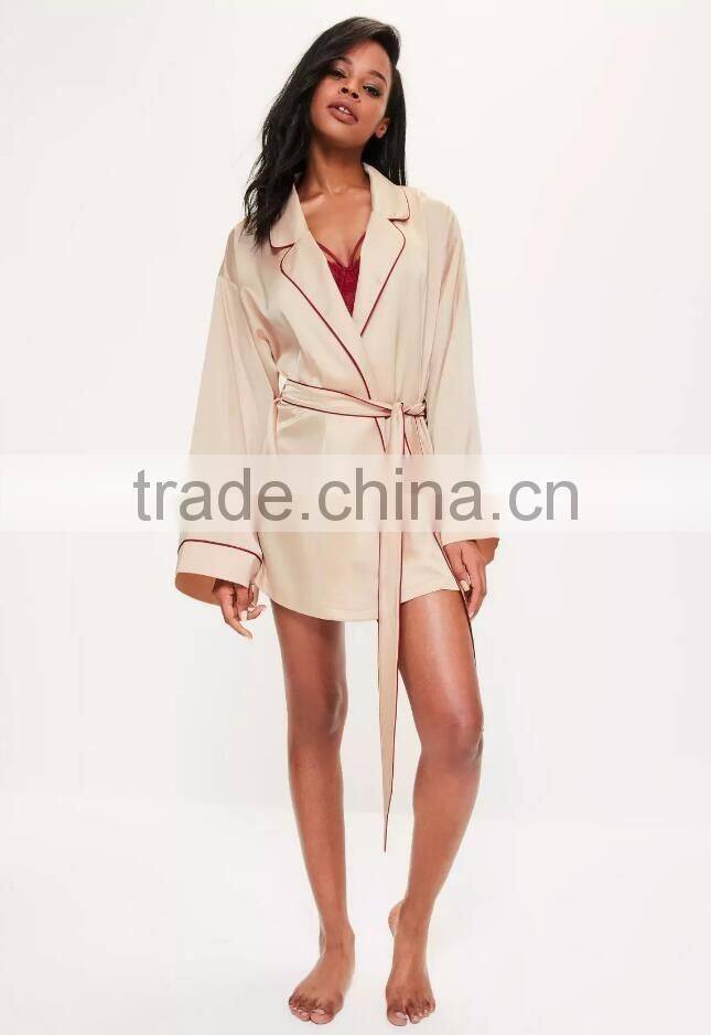 Nude PiPed Bridesmaid Satin Robe Embroidered Custom Logo Tie Waist Pyjamas Set Longline Shirt Dress Button
