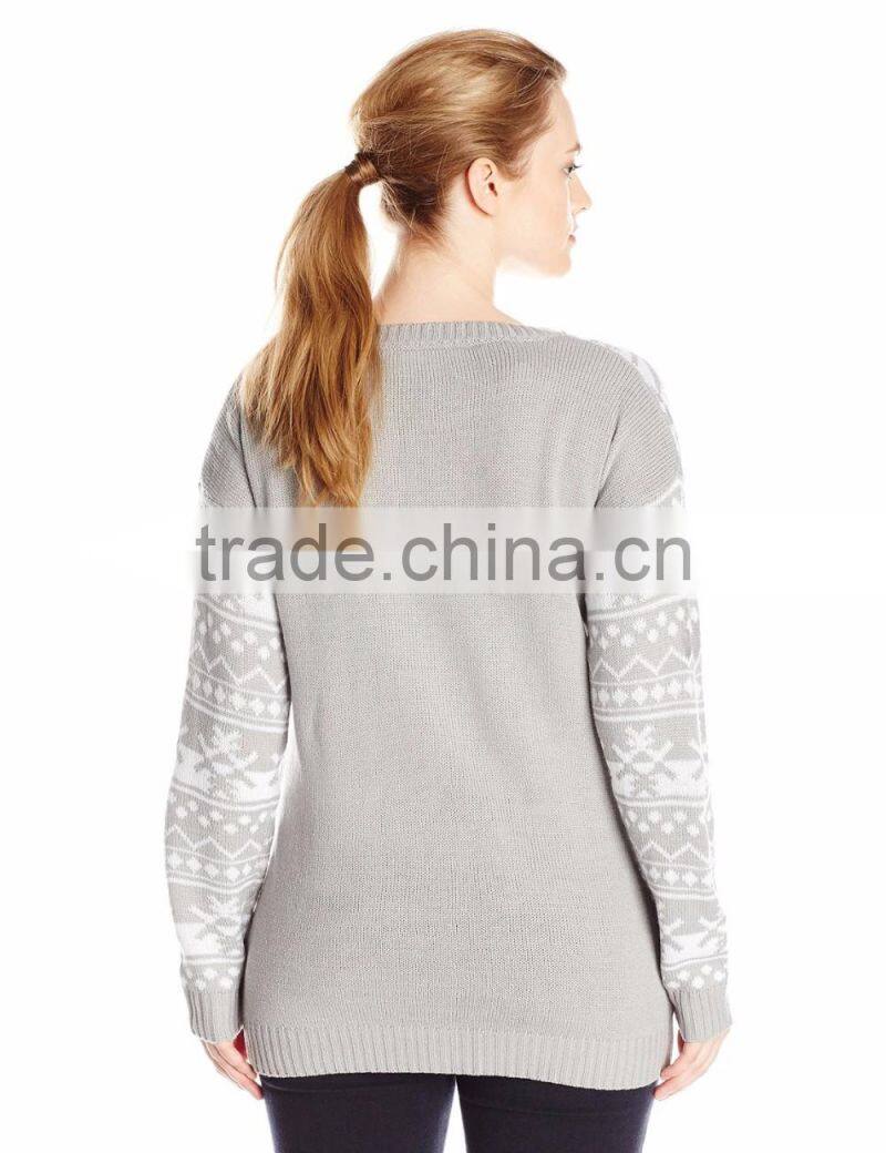 Women Light Grey Sweater Sequin Glasses Baby Reindeer Pattern Christmas Sweater