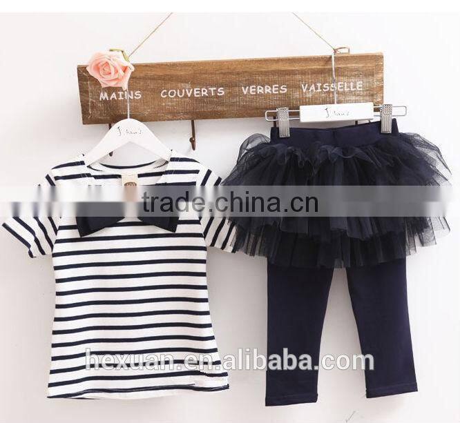 S80003T summer fashion striped bowknot T-shirts+ lace culottes , children clothing sets 2-5 years kids clothing sets