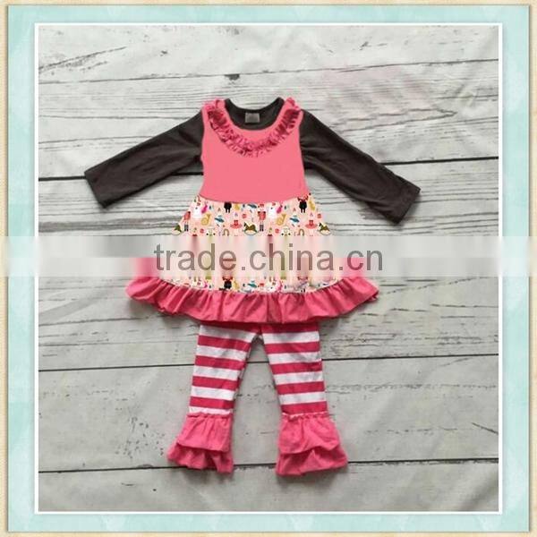 Wholesale babies outfit christmas fabric custome long sleeve floral print top and red strip pant