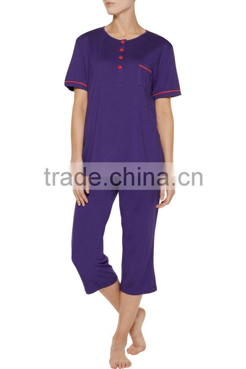 2017 Summer Collection Cotton and Modal Blend Women Pajamas Sleepwear Set with Coral Piped Trims