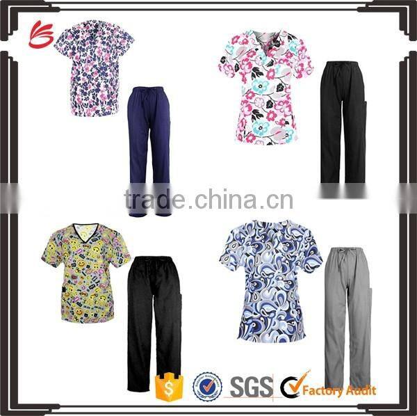 New sexy selling printed medical scrub for women mock wrap sets