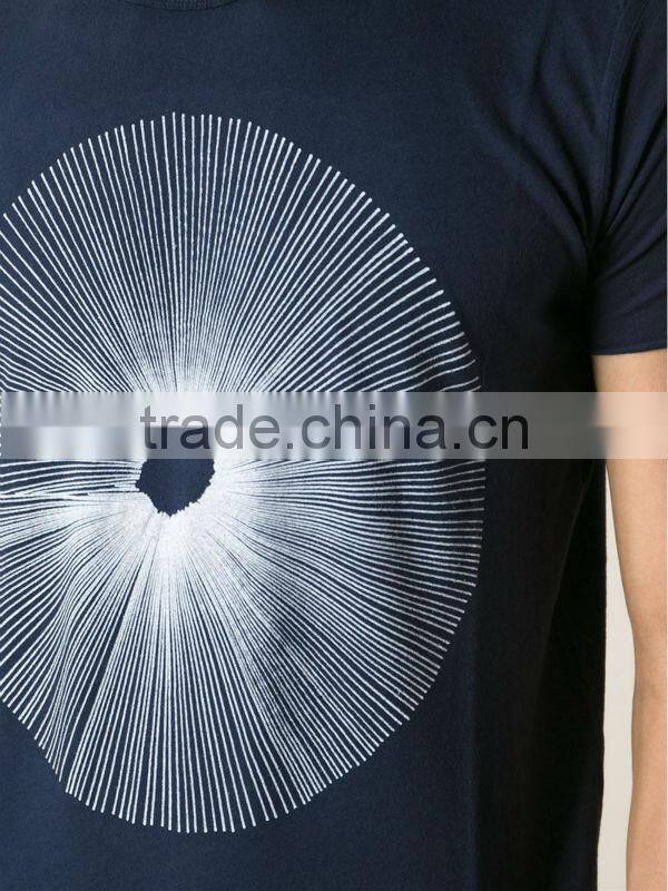 dark blue navy ribbed crew neck sunburst graphic fancy print T-shirt