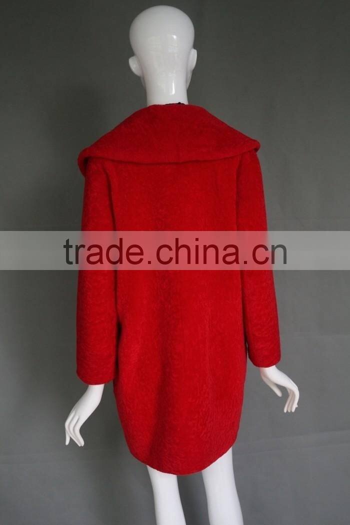 2016 Factory direct wholesale fashion lady's bright red lamb shearing fur jacket long warm real cashmere parka